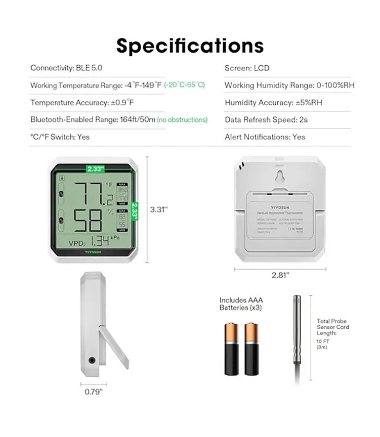 Vivosun Aerolab Bluetooth Hygrometer Thermometer and External Sensor