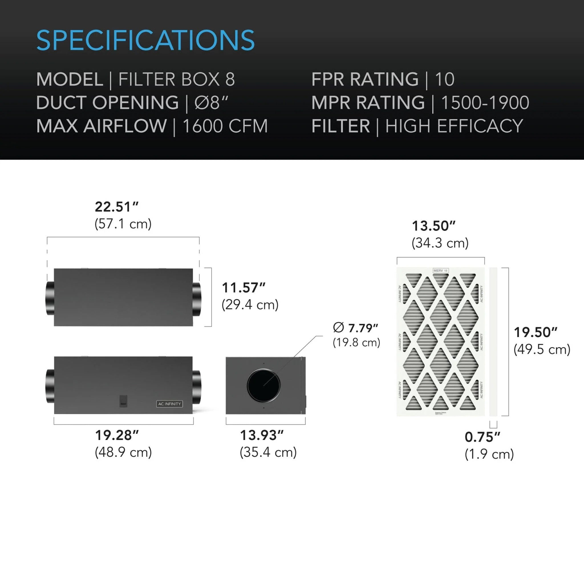 AC Infinity Air Filter Box With High Efficacy Filter 8 Inch 200mm