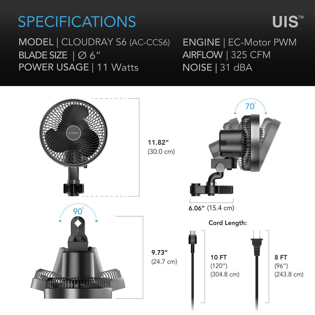 AC Infinity Cloudray S6 Gen 2 6” Clip Fan