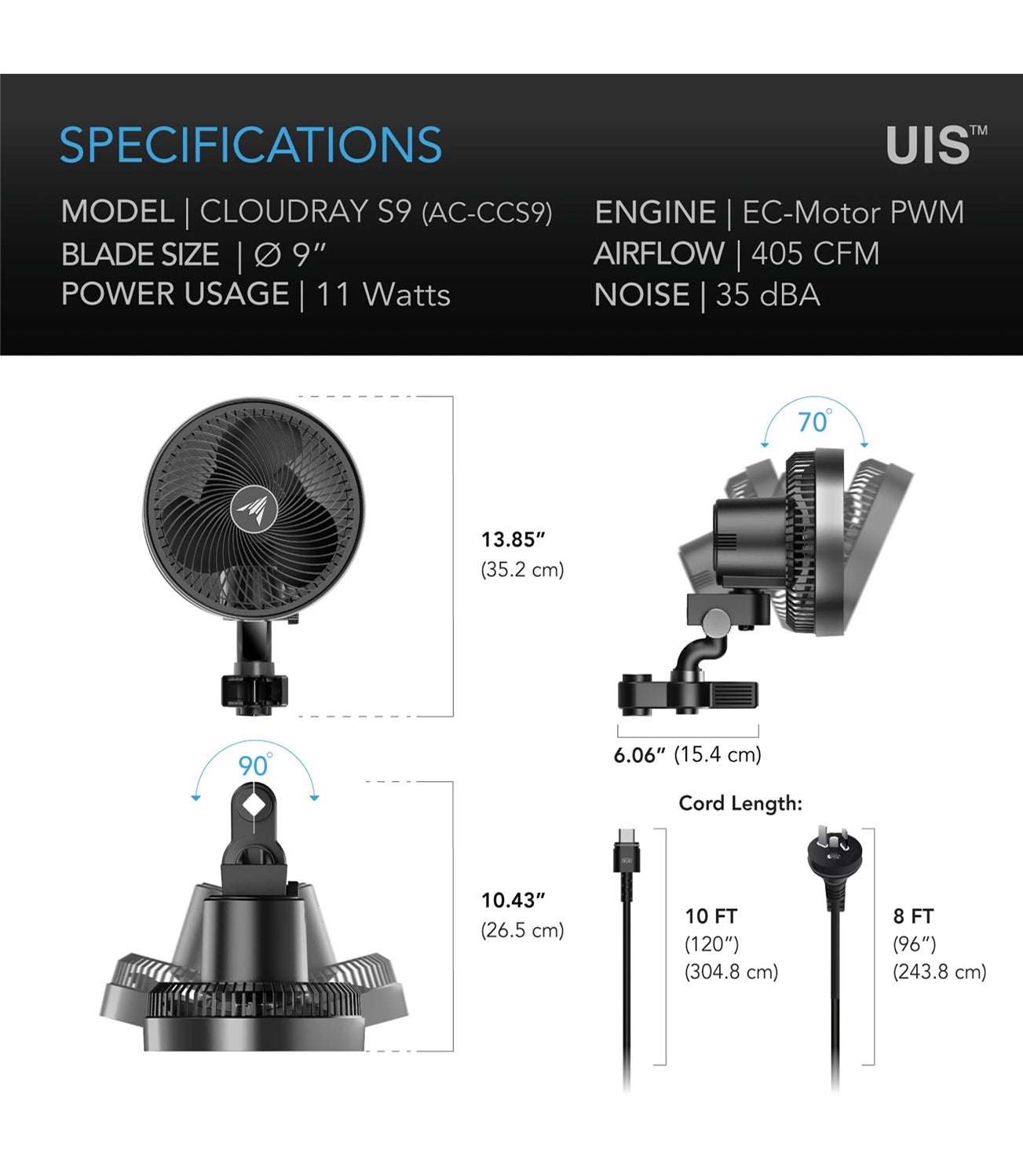AC Infinity Cloudray S9 Gen 2 9” Clip Fan