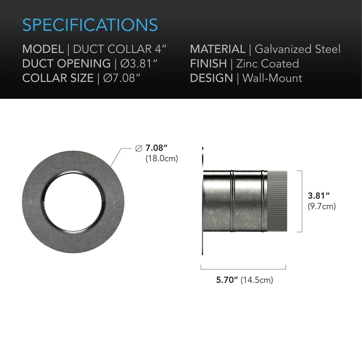 AC Infinity Ducting Collar Galvanised Steel 100mm 4 inch