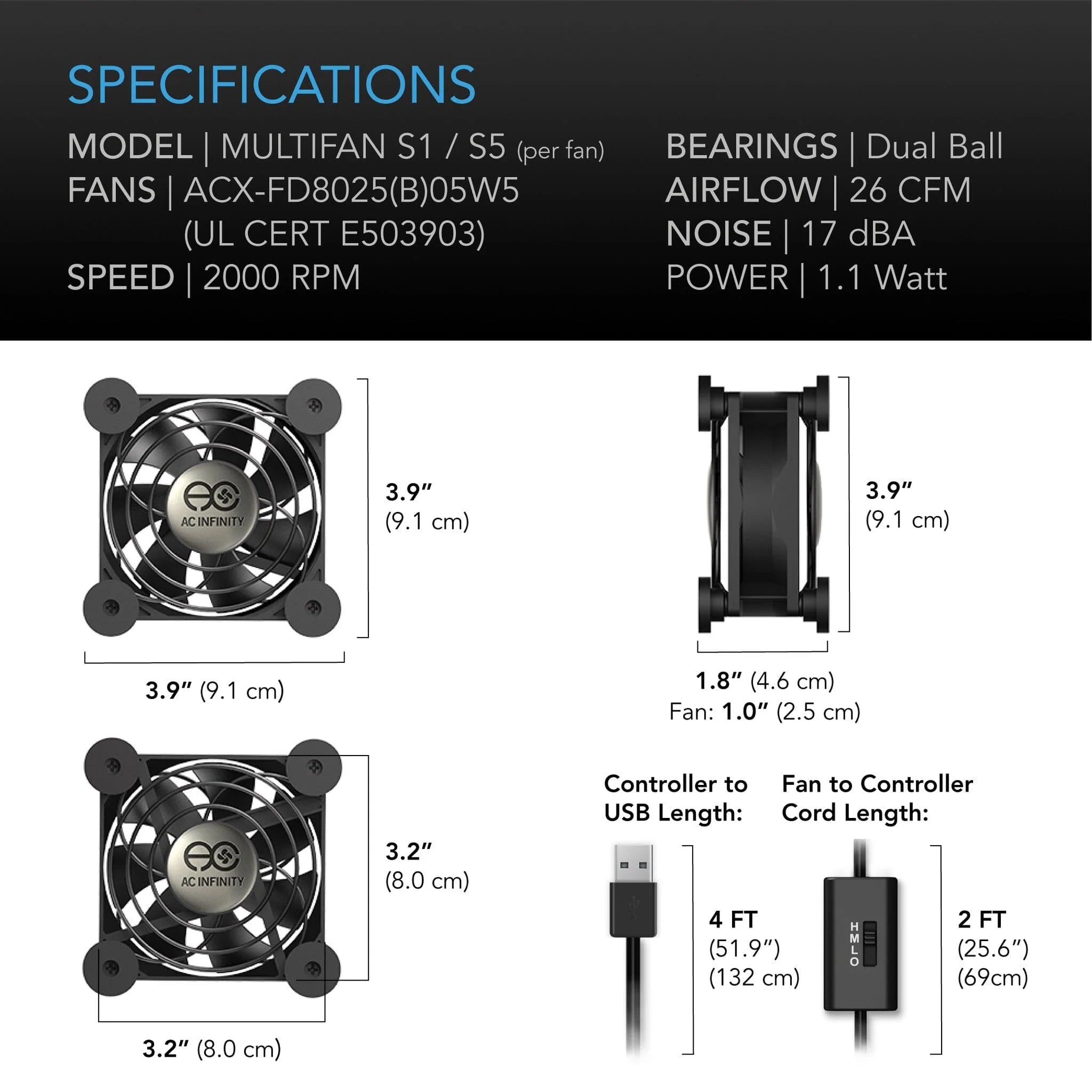 AC Infinity Multifan S1, Quiet USB Cooling Fan, 80 MM