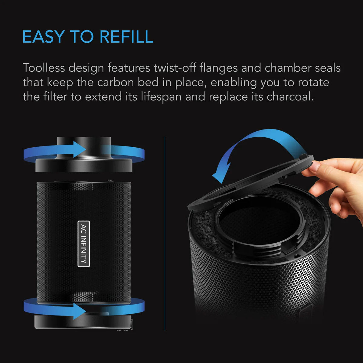 AC Infinity Refillable Carbon Filter Kit With Charcoal Refill 6 Inch 150mm
