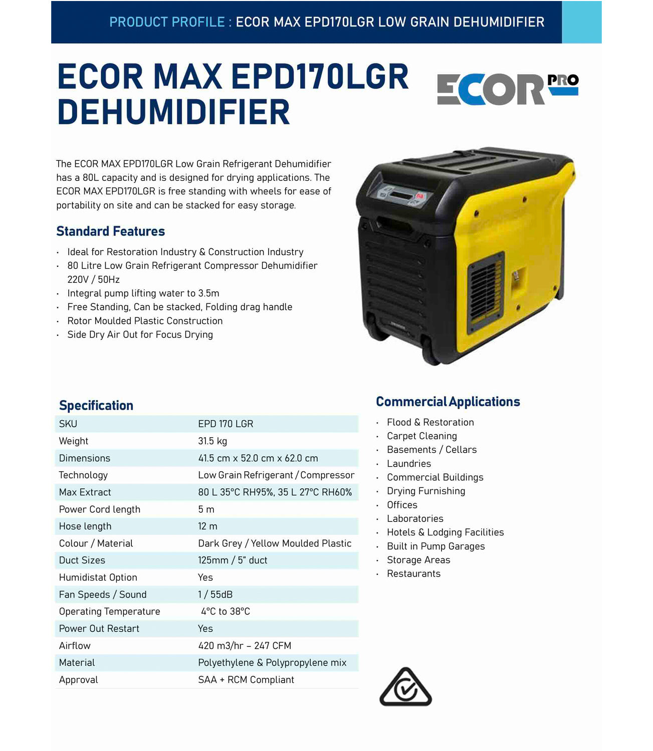 Ecor Pro Dehumidifier EPD170LGR