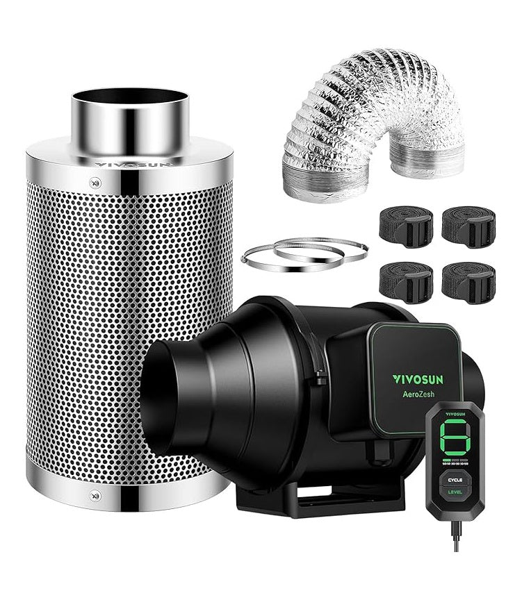 Vivosun Aerozesh S4 4 Inch Fan, Carbon Filter, Ducting and E12 Controller Kit