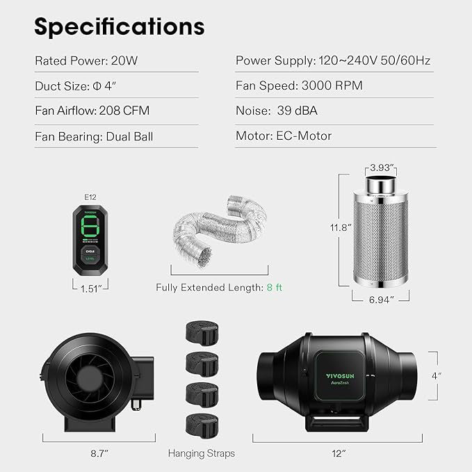 Vivosun Aerozesh S4 4 Inch Fan, Carbon Filter, Ducting and E12 Controller Kit