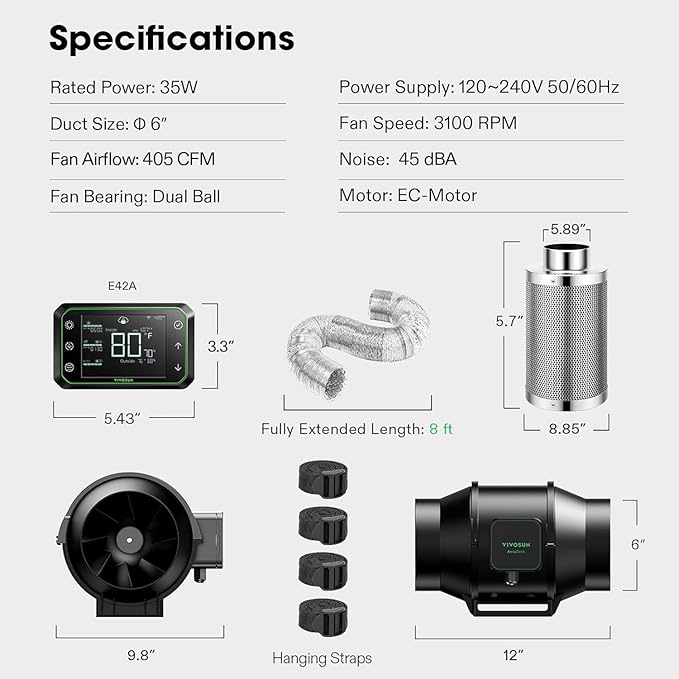 Vivosun Aerozesh S6 Fan, 6 Inch Carbon Filter, Ducting and E42A WiFi Controller Kit